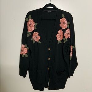 Torrid Black Button Down Cardigan Coral Pink Floral Design Tunic Length